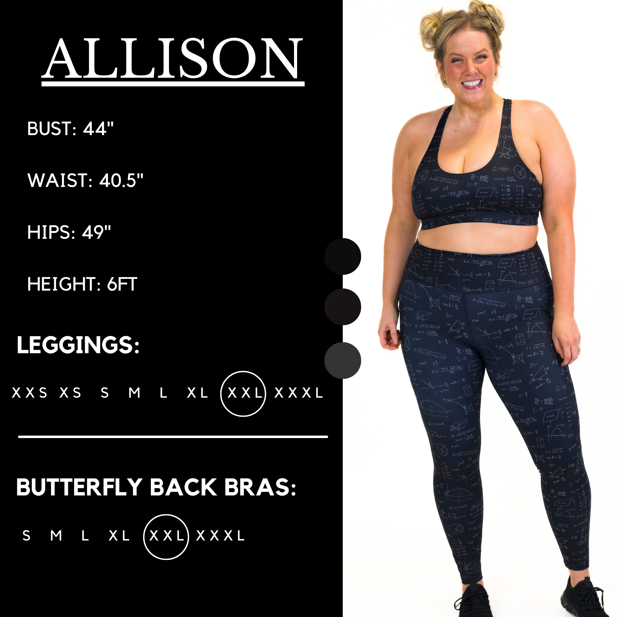 Model's measurements of 44 inch bust, 40.5 inch waist, 49 inch hips, and height of 6 foot. She is wearing a size xx-large in our leggings