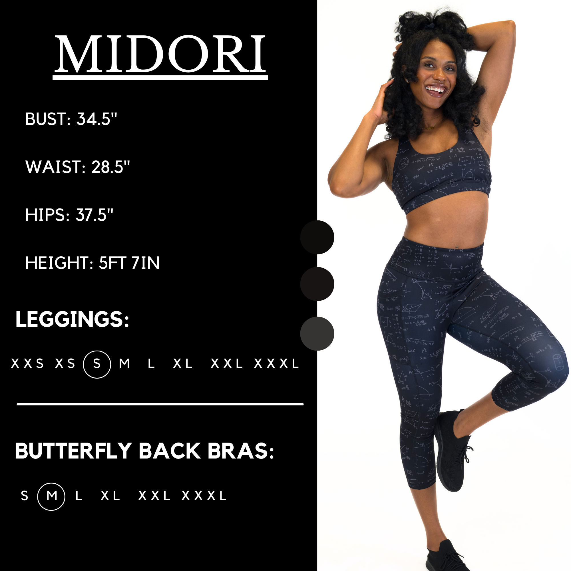 Model’s measurements of 34.5” bust, 28.5” waist, 37.5” hips and height of 5 ft 7 inches. She is wearing a size small in our leggings