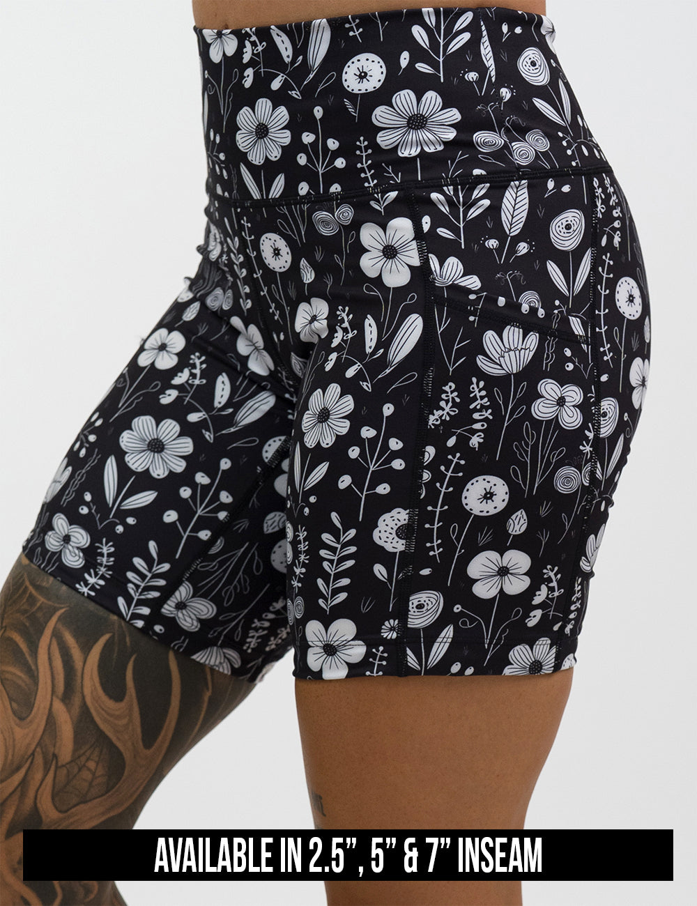 available inseam lengths for the black and white floral shorts, lengths include 2.5, 5, and 7 inches