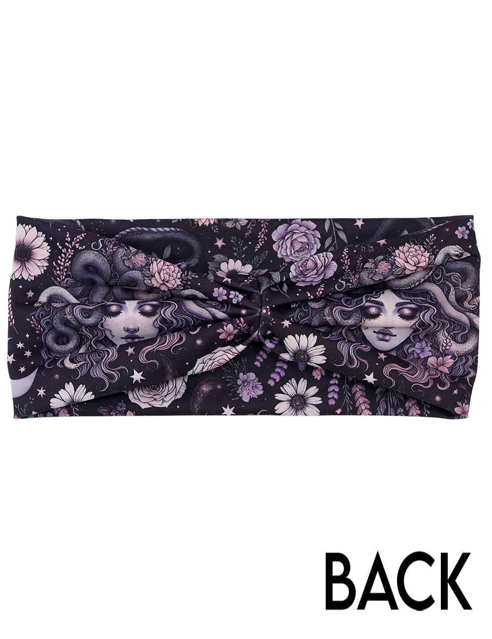 back of the purple medusa with flowers headband against a white background