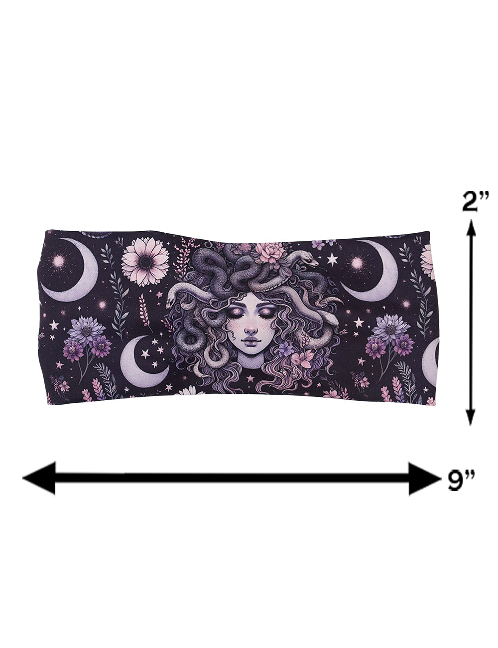 measurements for the purple medusa with flowers headband, measurements are 2 inches by 9 inches