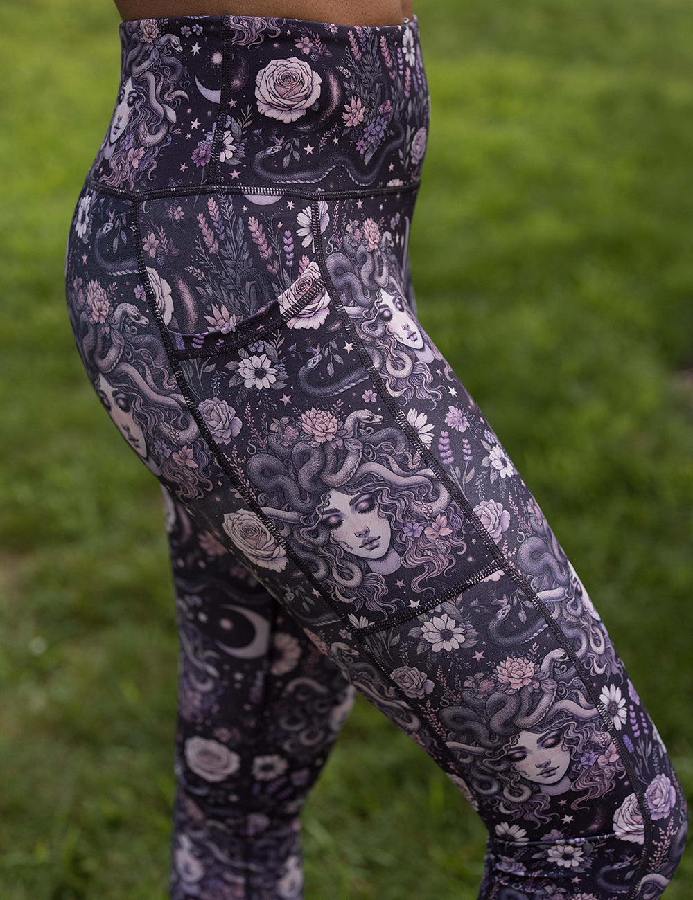 close up of the purple medusa with flowers leggings