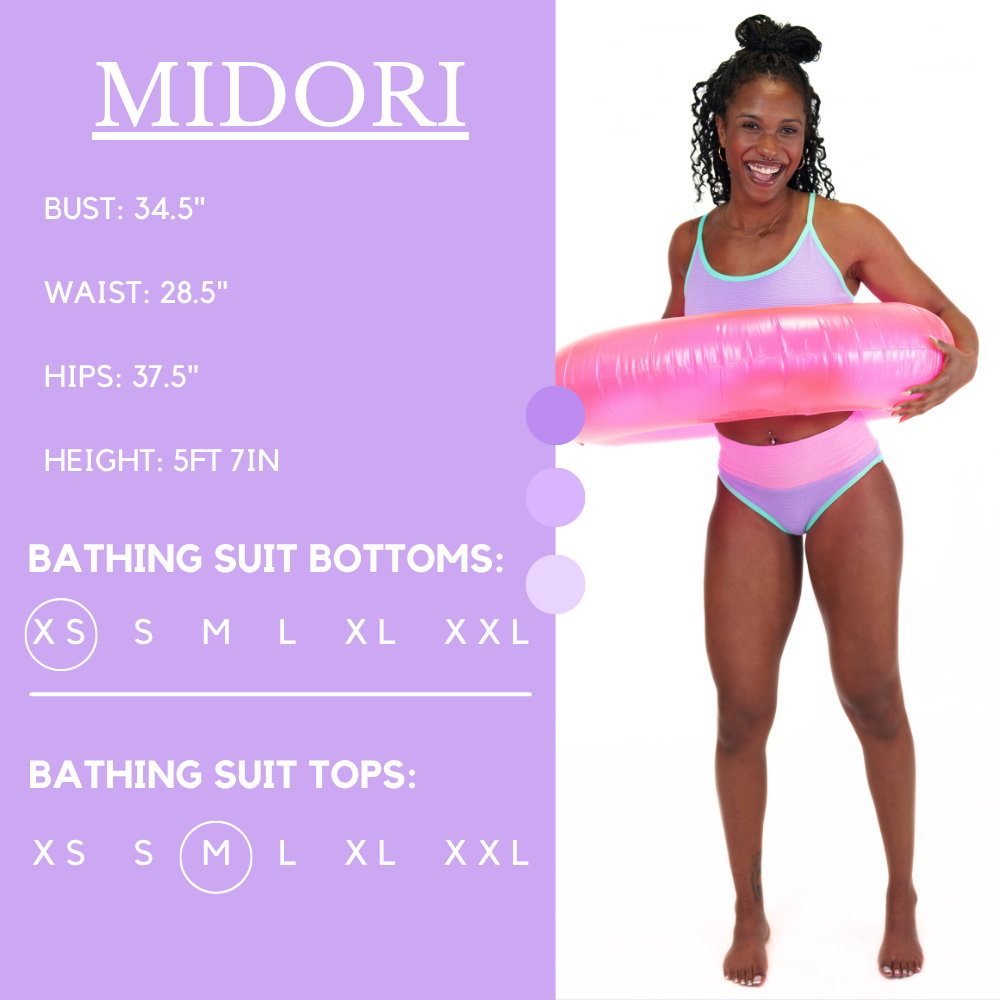 Model’s measurements of 34.5” bust, 28.5” waist, 37.5” hips and a height of 5 ft 7 inches. She is wearing a size extra small in our bathing suit bottoms and medium in our bathing suit top