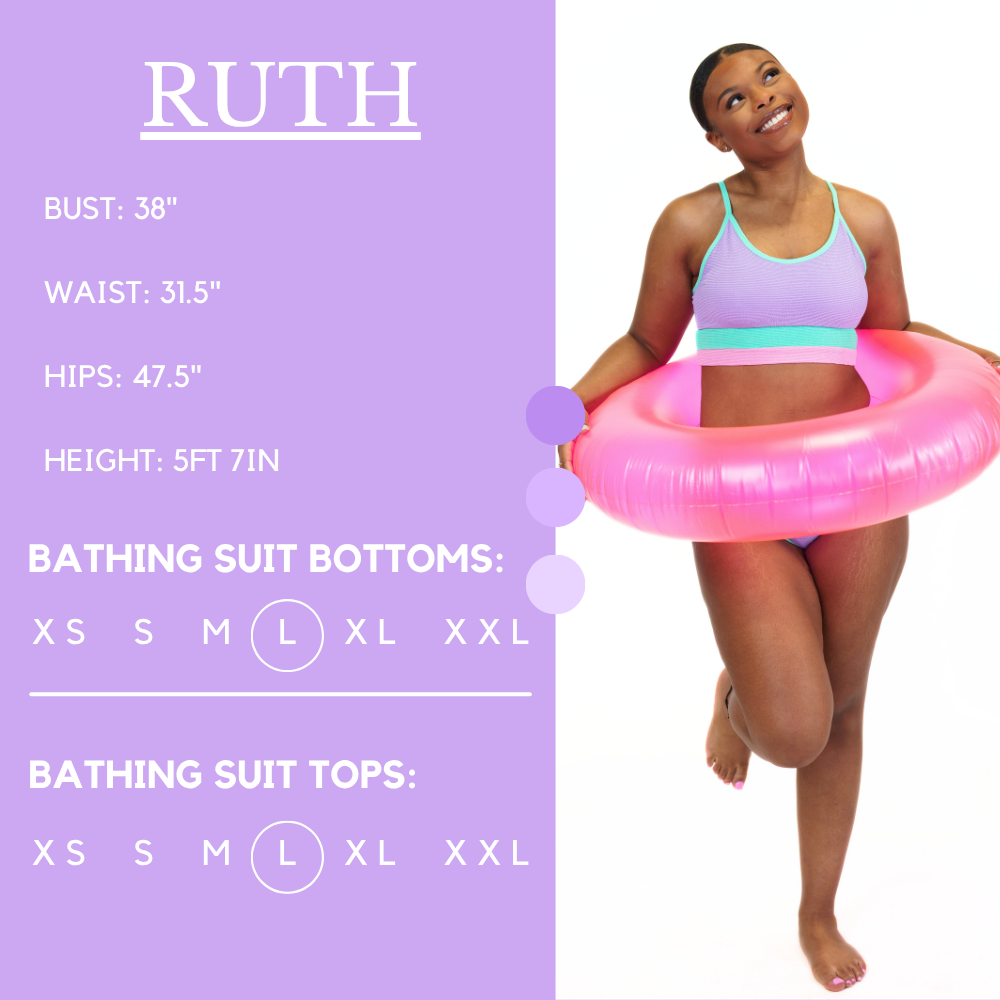 Model’s measurements of 38" bust, 31.5” waist, 47.5” hips and height of 5 ft 7 inches. She is wearing a size large in our bathing suit