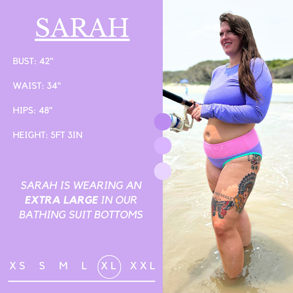 Model’s measurements of 42” bust, 34” waist, 48” hips and height of 5 ft 3 inches. She is wearing a size extra large in our bathing suit bottoms