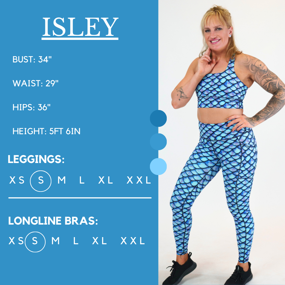 Model’s measurements of 34” bust, 29” waist, 36” hips and height of 5 ft 6 inches. She is wearing a size small in our leggings
