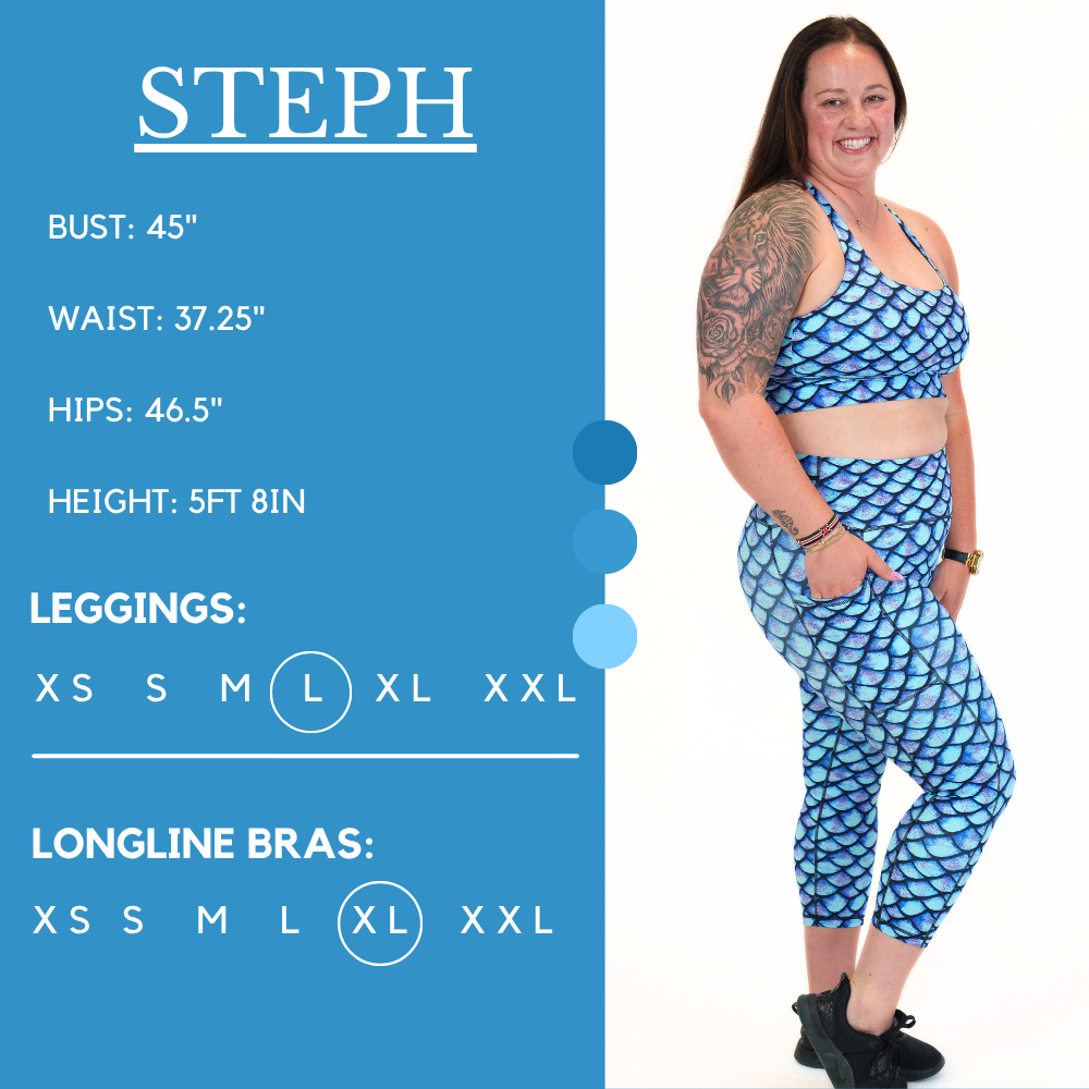 Model’s measurements of 44” bust, 37” waist, 46” hips and height of 5 ft 8 inches. She is wearing a size large in our leggings