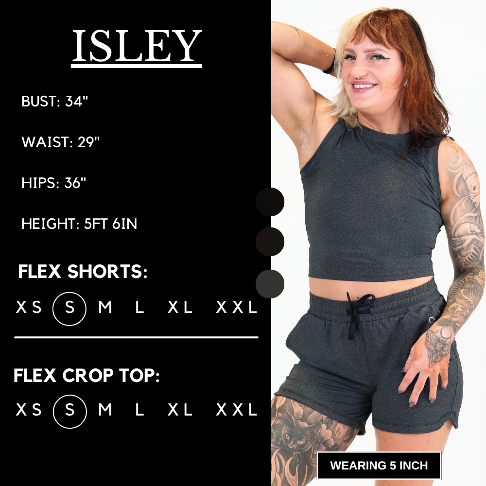 Model’s measurements of 34” bust, 29” waist, 36” hips and height of 5 ft 6 inches. She is wearing a size small in our flex shorts and crop top