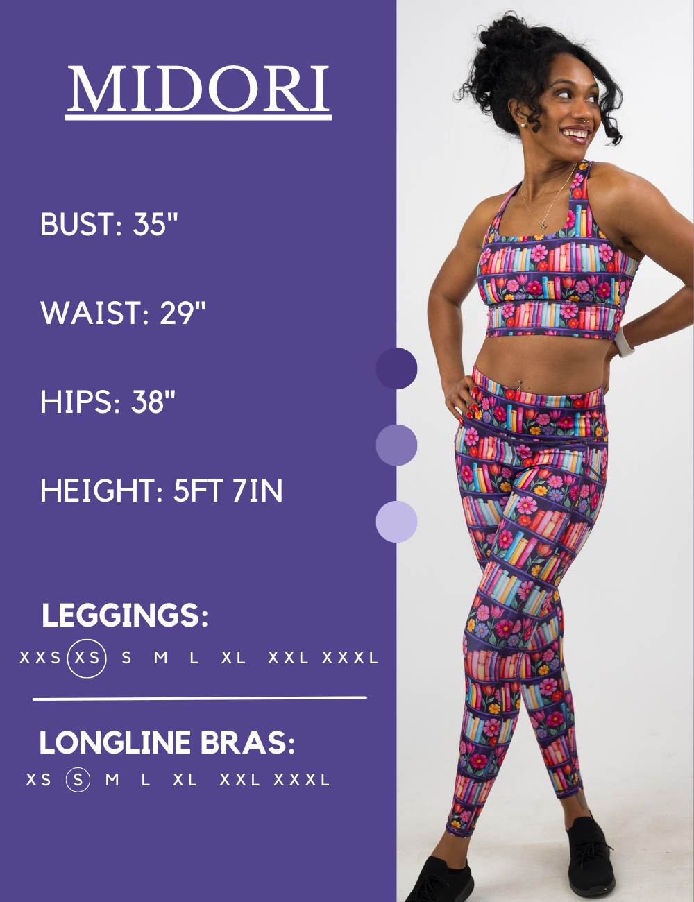 Model’s measurements of 35” bust, 29” waist, 38” hips and height of 5 ft 7 inches. She is wearing a size extra small in our leggings