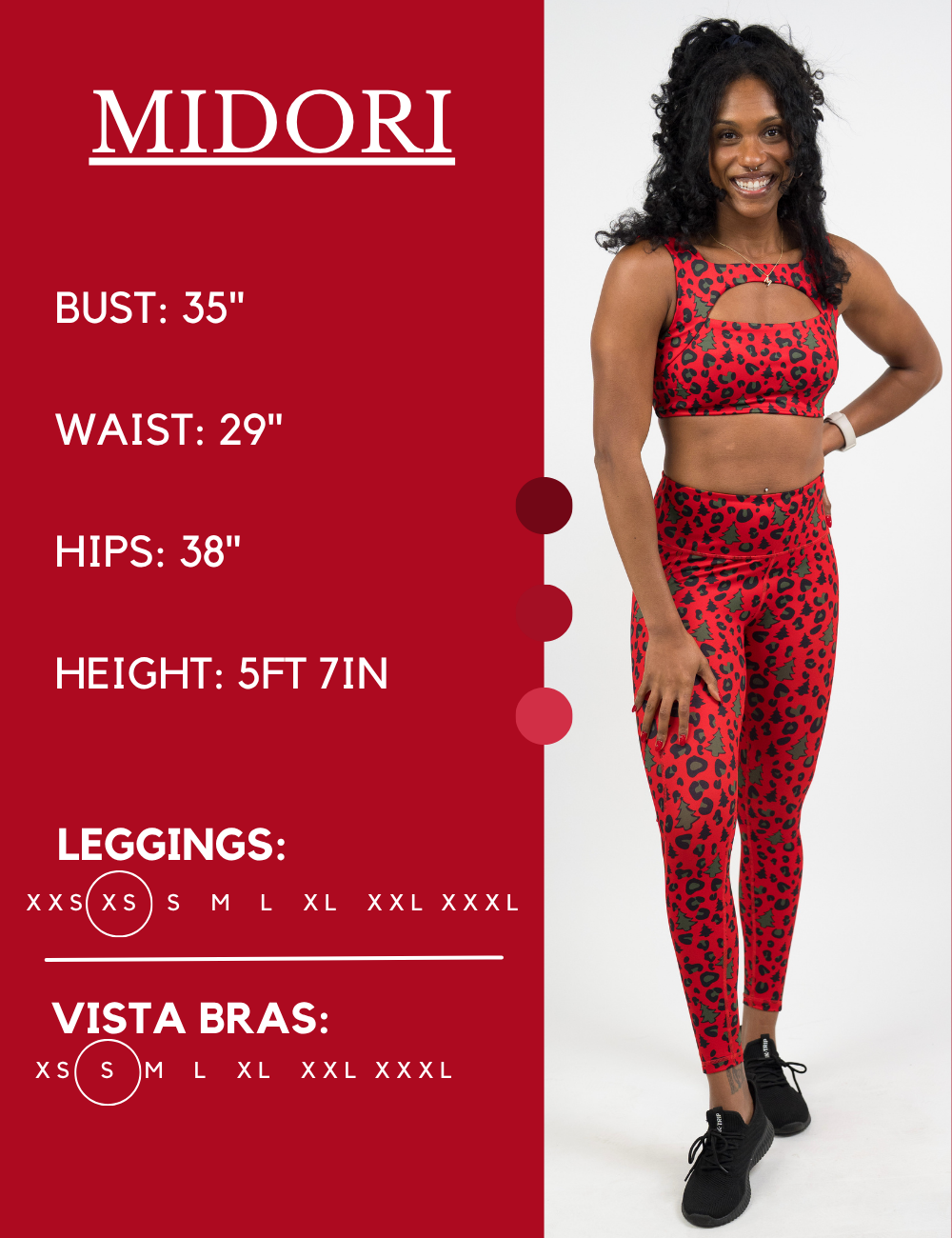 Model’s measurements of 35” bust, 29” waist, 38” hips and height of 5 ft 7 inches. She is wearing a size extra small in our leggings