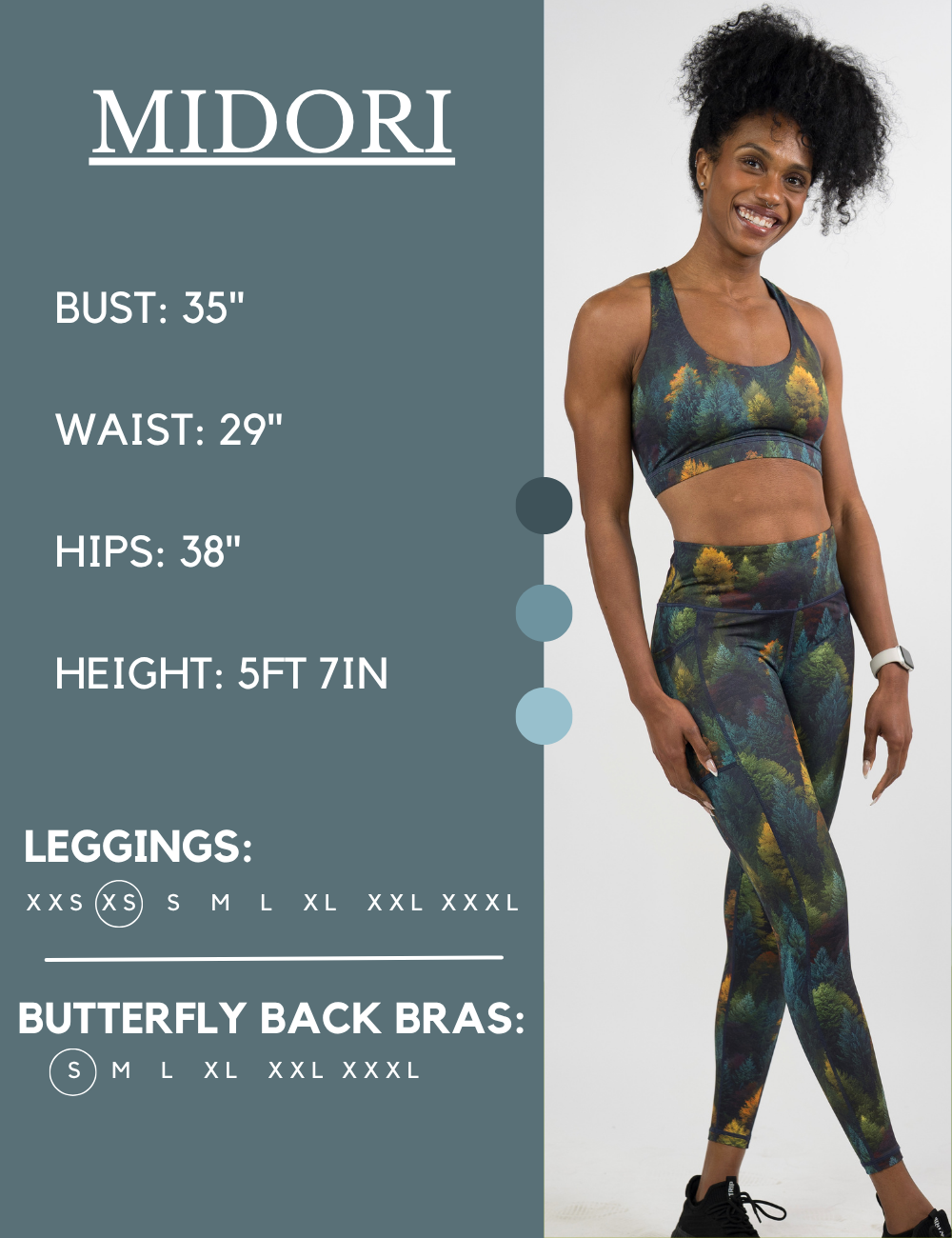 Model’s measurements of 35” bust, 29” waist, 38” hips and height of 5 ft 7 inches. She is wearing a size extra small in our leggings