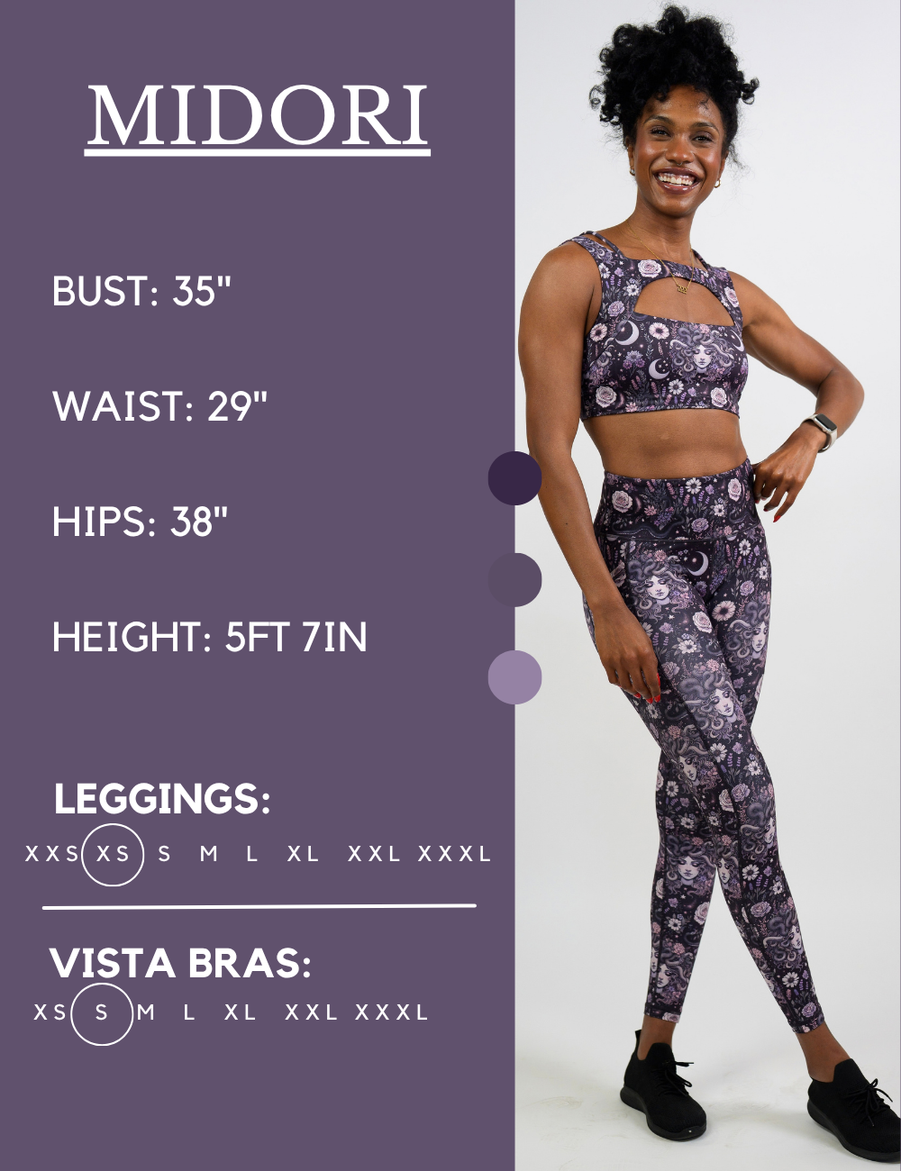 Model’s measurements of 35” bust, 29” waist, 38” hips and height of 5 ft 7 inches. She is wearing a size extra small in our leggings