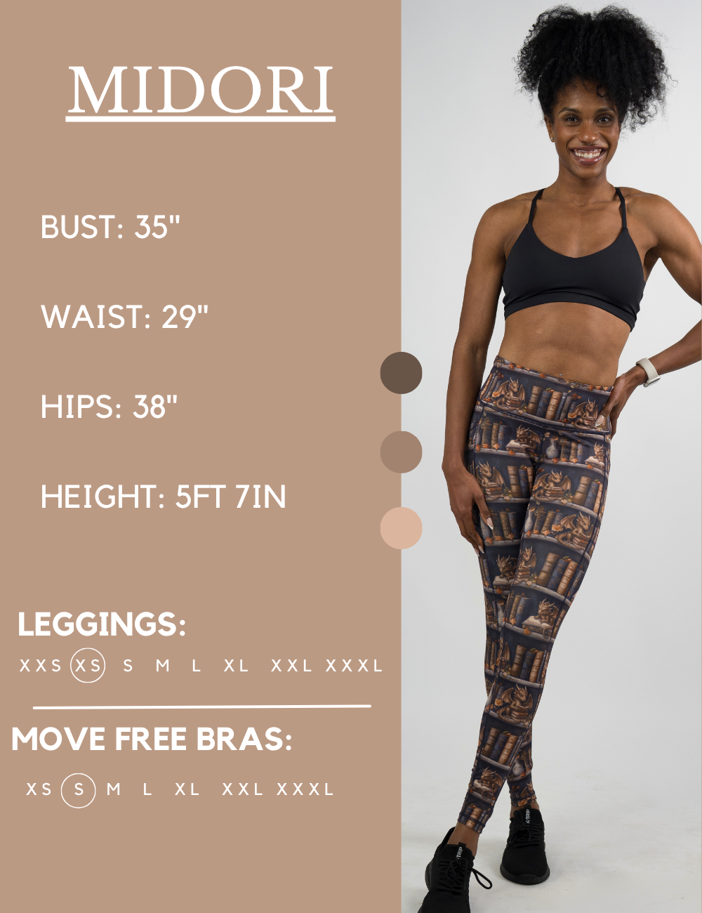 Model’s measurements of 35” bust, 29” waist, 38” hips and height of 5 ft 7 inches. She is wearing a size extra small in our leggings