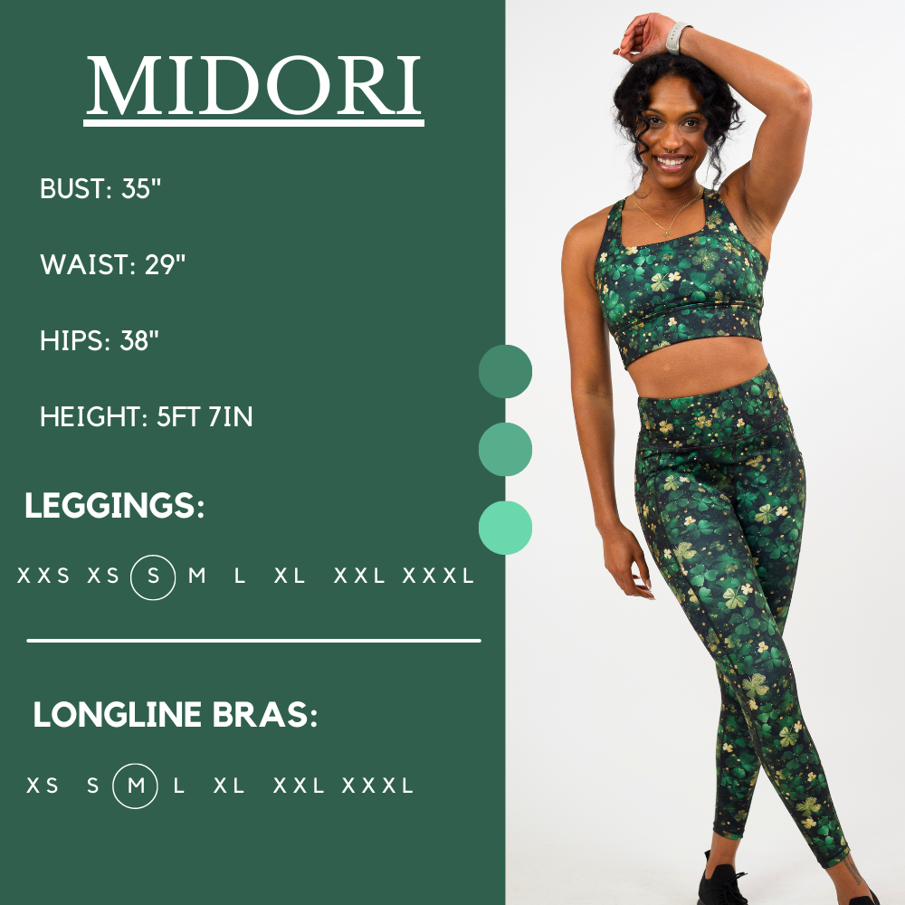 Model’s measurements of 35” bust, 29” waist, 38” hips and height of 5 ft 7 inches. She is wearing a size small in our leggings