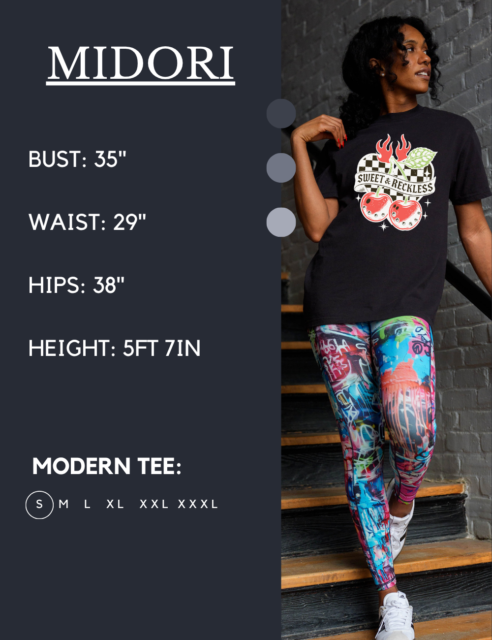 Model’s measurements of 35” bust, 29” waist, 38” hips and height of 5 feet 7 inches. She is wearing a size small in our modern tee