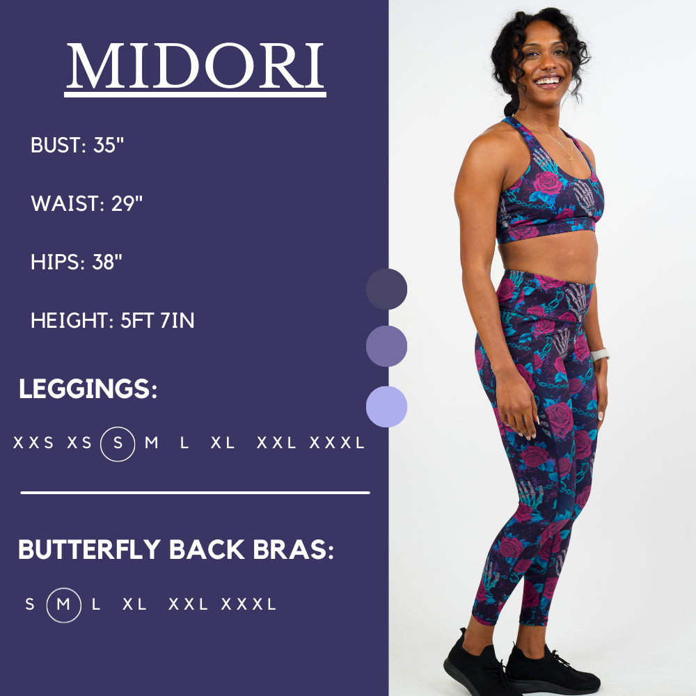 Model’s measurements of 35” bust, 29” waist, 38” hips and height of 5 ft 7 inches. She is wearing a size small in our leggings