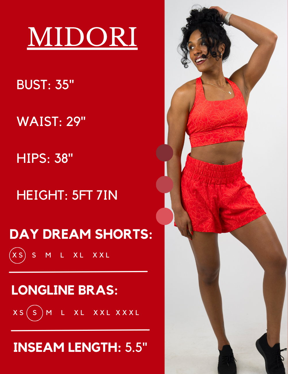 Model’s measurements of 35” bust, 29” waist, 38” hips and height of 5 ft 7 inches. She is wearing a size extra small in our day dream shorts