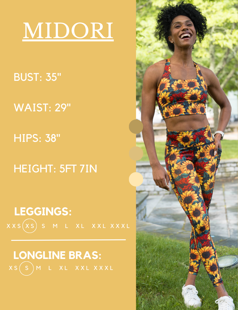 Model’s measurements of 35” bust, 29” waist, 38” hips and height of 5 ft 7 inches. She is wearing a size extra small in our leggings