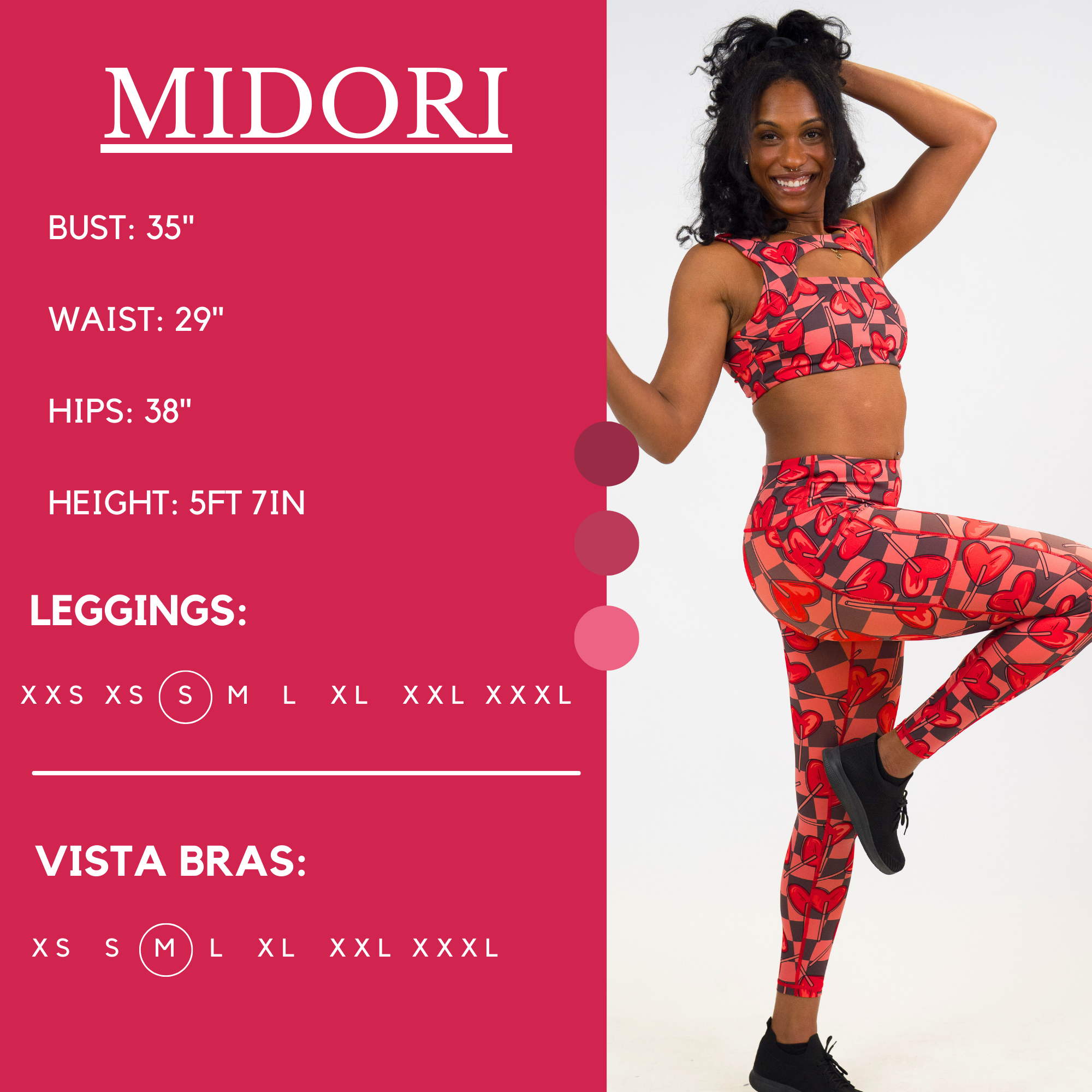 Model’s measurements of 35” bust, 29” waist, 38” hips and height of 5 ft 7 inches. She is wearing a size small in our leggings