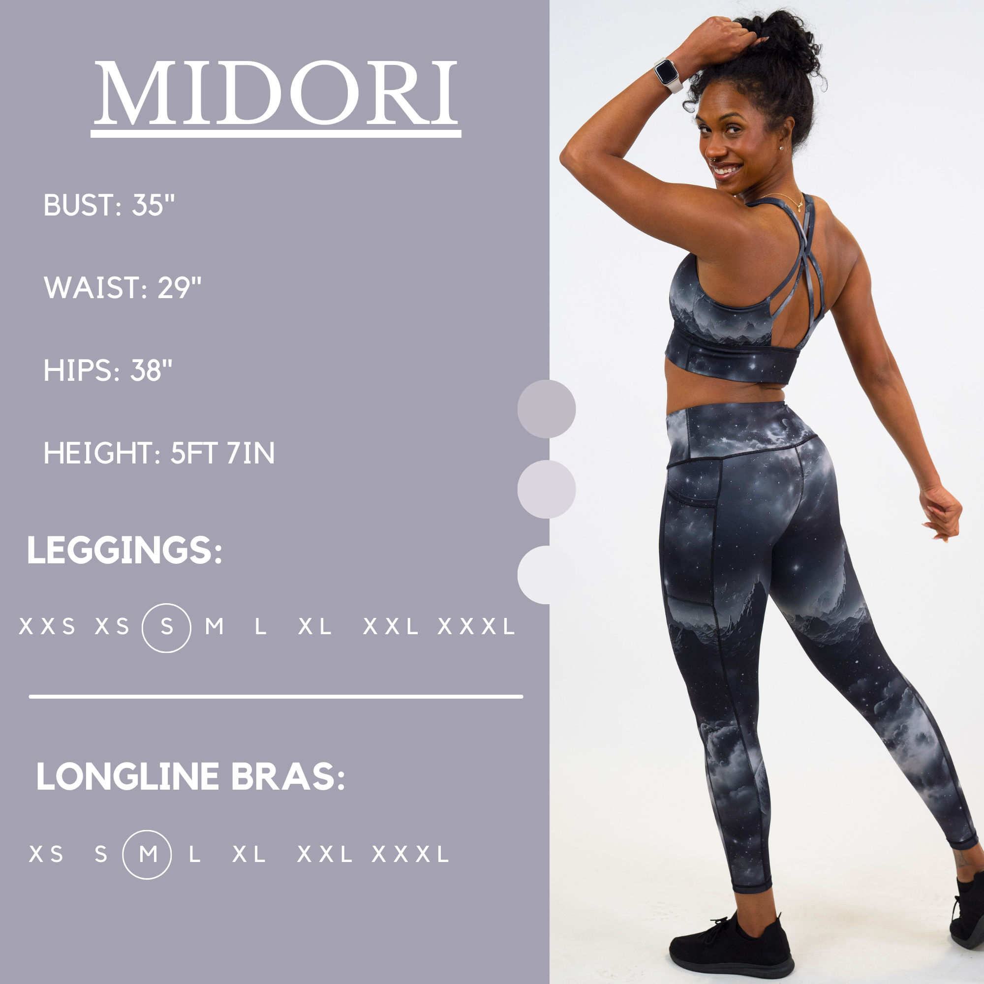 Model’s measurements of 35” bust, 29” waist, 38” hips and height of 5 feet 6 inches. She is wearing a size small in our leggings