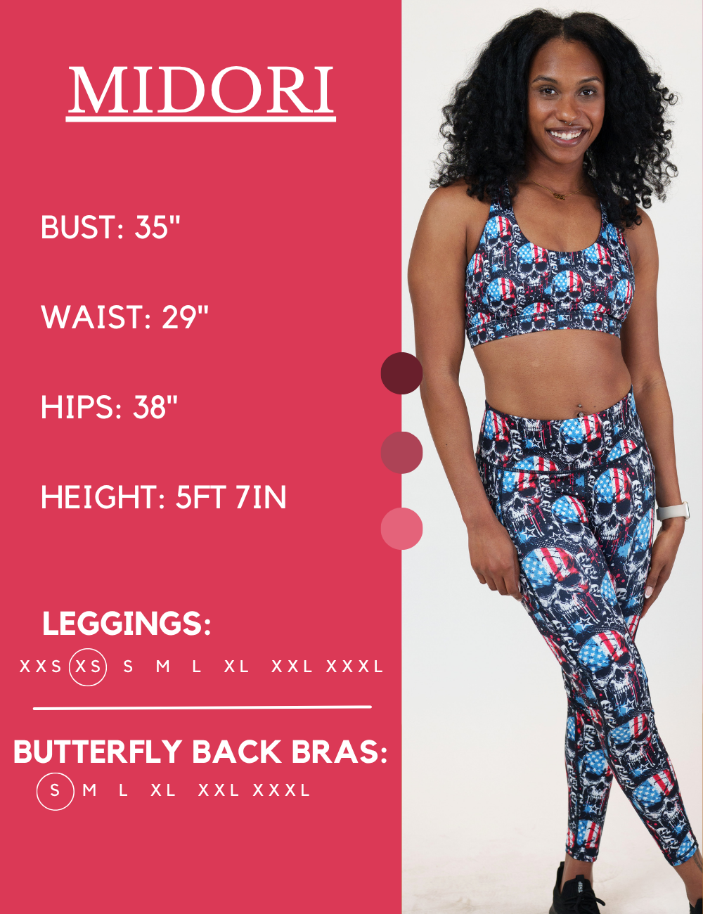 Model's measurements of 35 inch bust, 29 inch waist, 38 inch hips, and height of 5 feet 7 inches. She is wearing a size extra small in our leggings