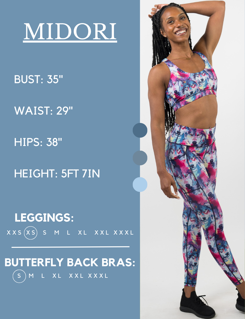 Model’s measurements of 35” bust, 29” waist, 38” hips and height of 5 ft 7 inches. She is wearing a size extra small in our leggings