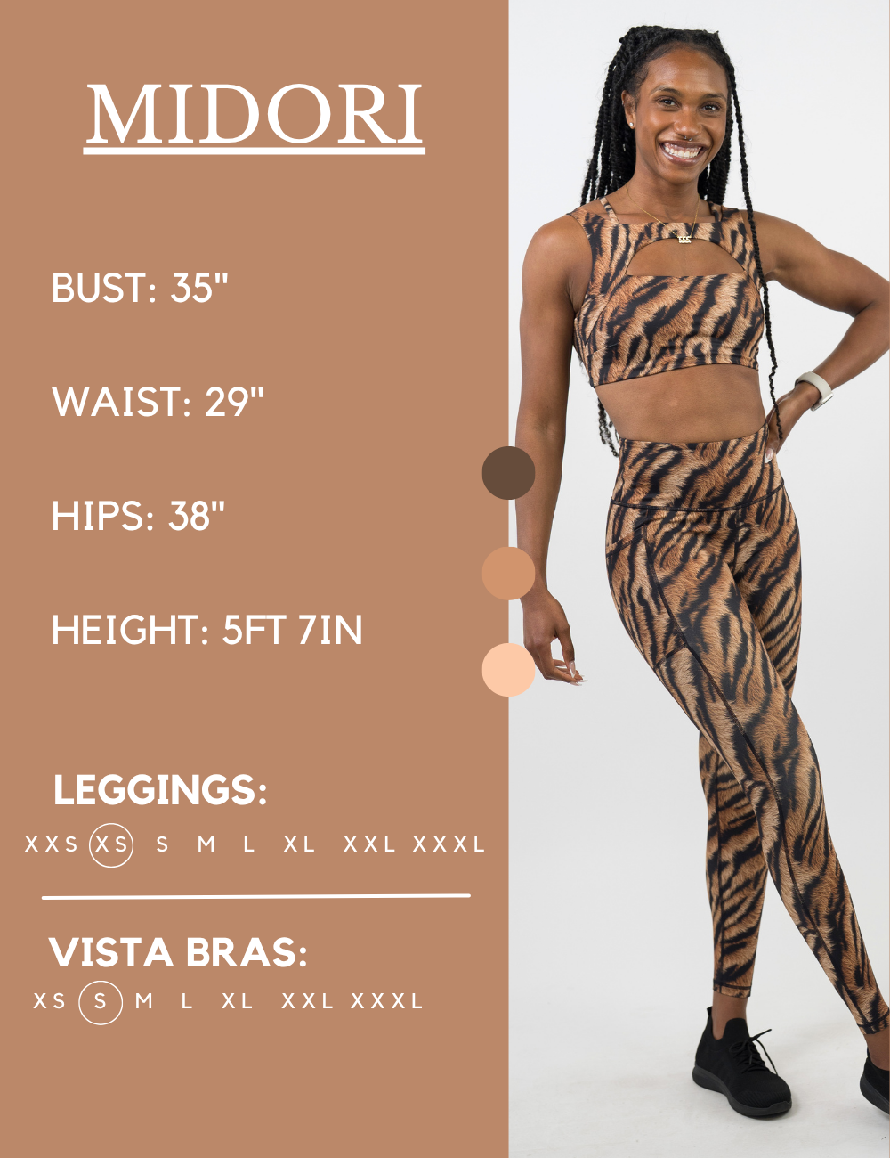 Model’s measurements of 35” bust, 29” waist, 38” hips and height of 5 ft 7 inches. She is wearing a size extra small in our leggings