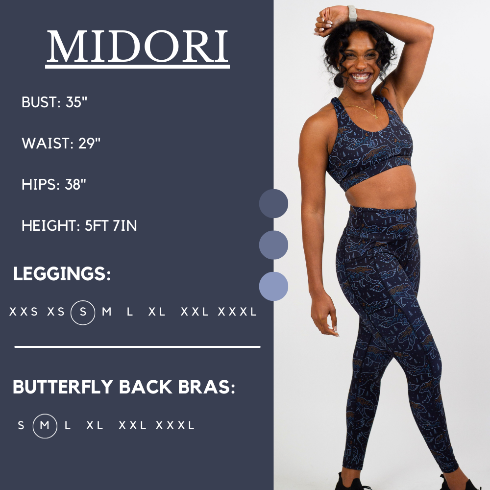 Model’s measurements of 35” bust, 29” waist, 38” hips and height of 5 ft 7 inches. She is wearing a size small in our leggings