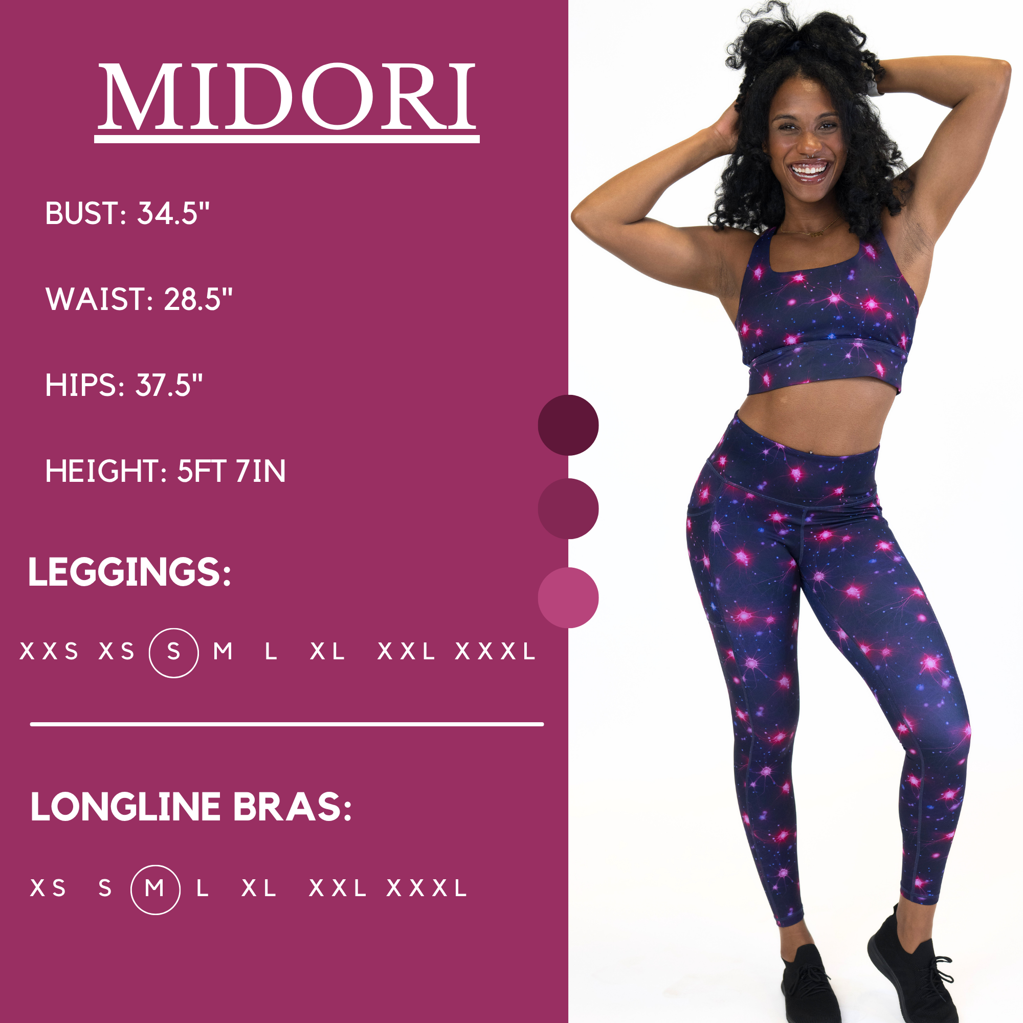 Model’s measurements of 34.5” bust, 28.5” waist, 37.5” hips and height of 5 ft 7 inches. She is wearing a size small in our leggings