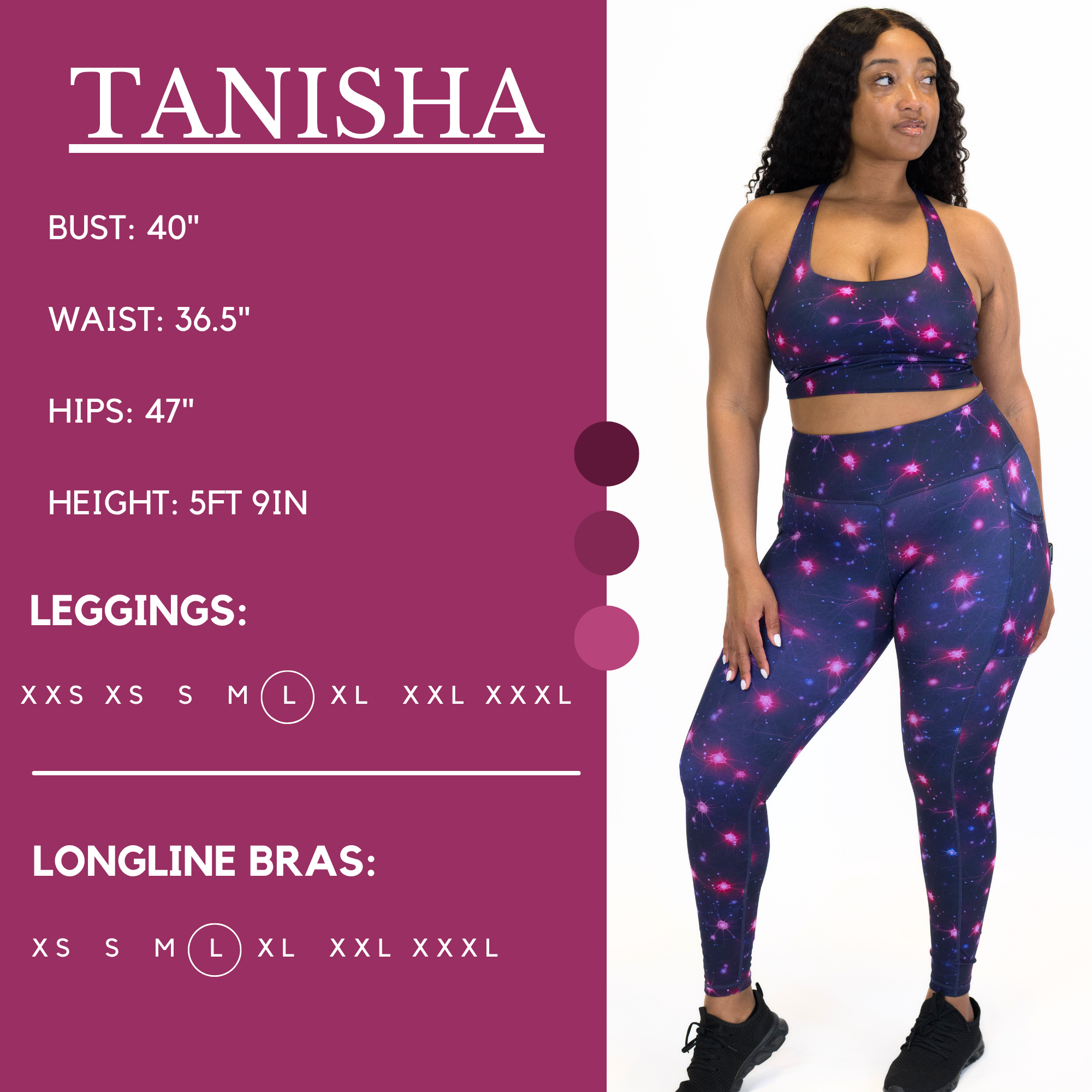 Graphic showing the measurements of a model and what size she wears for the leggings and fitted crop top. Her bust is 40 inches, waist is 36.5 inches, hips are 47 inches, and height is 5 foot and 9 inches. She wears a large in the leggings