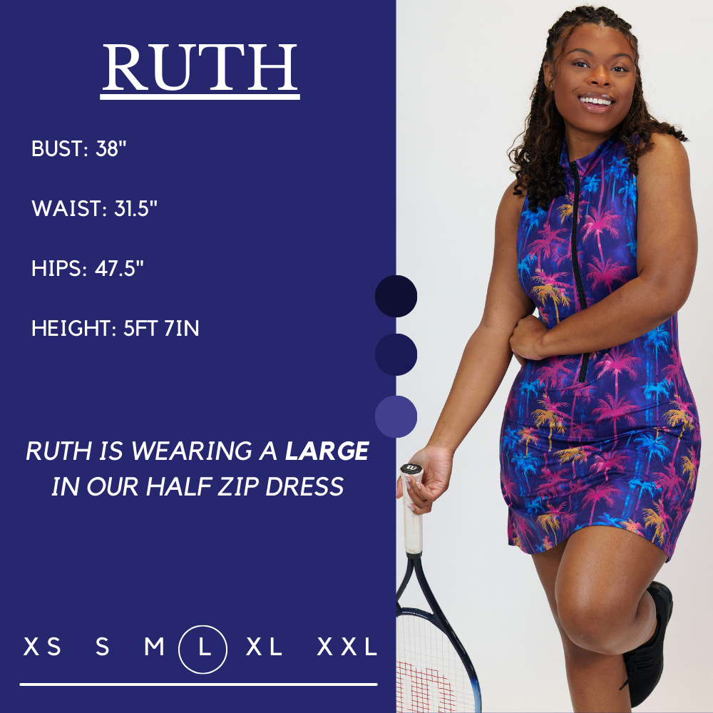 Model’s measurements of 37.5” bust, 31.5” waist, 47.5” hips and height of 5 ft 7 inches. She is wearing a size extra large in our half zip dress