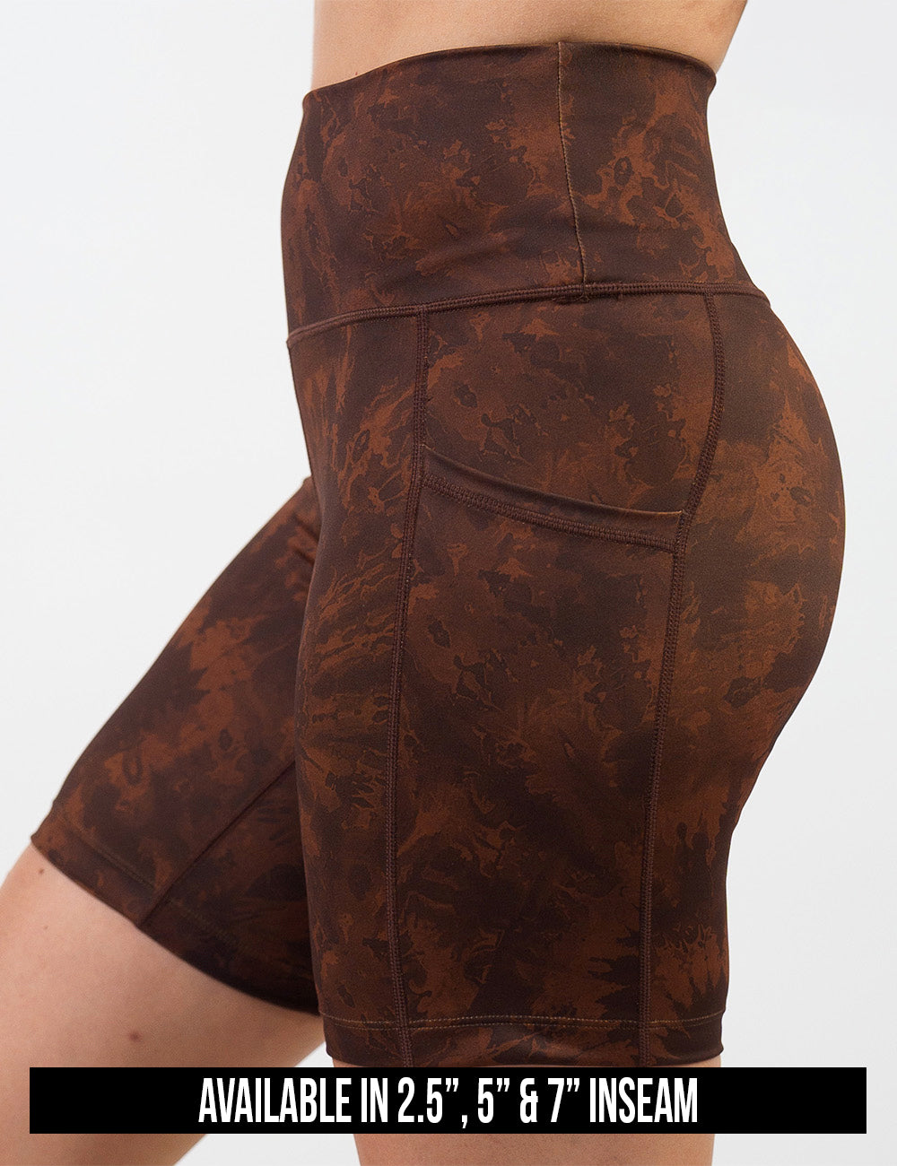available inseam lengths for the brown tie dye shorts, lengths include 7, 5, and 2.5 inches