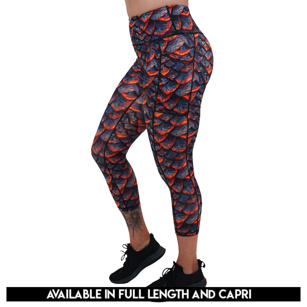 lava and dragon scale patterned leggings available in full and capri lengths