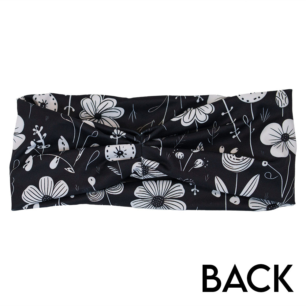 back of the black and white floral headband
