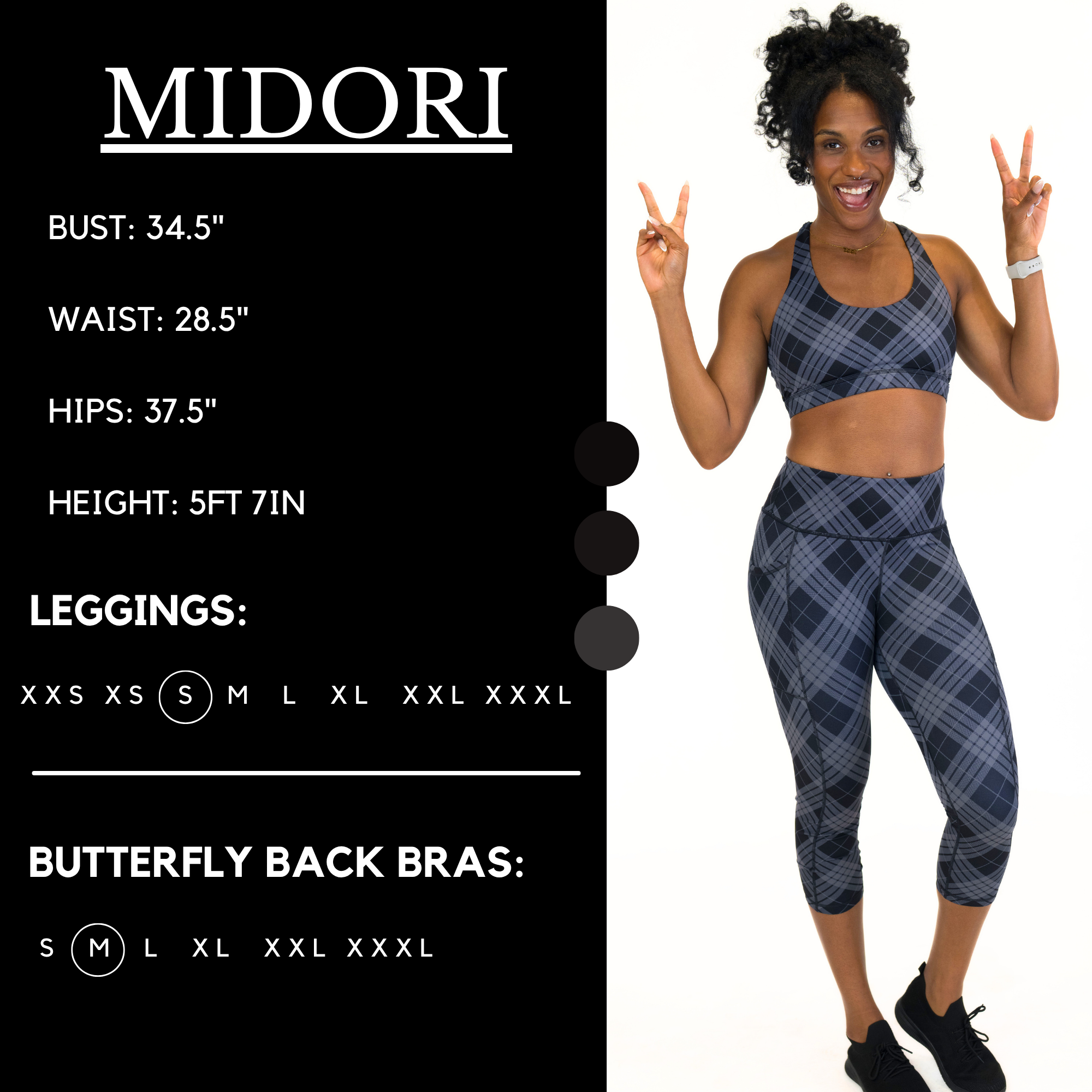 Model’s measurements of 34.5” bust, 28.5” waist, 37.5” hips and height of 5 ft 7 inches. She is wearing a size small in our leggings