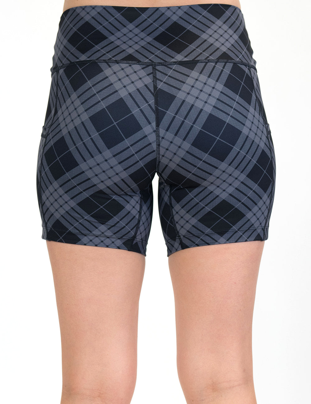back of the 5 inch monochrome colored plaid shorts against a white background