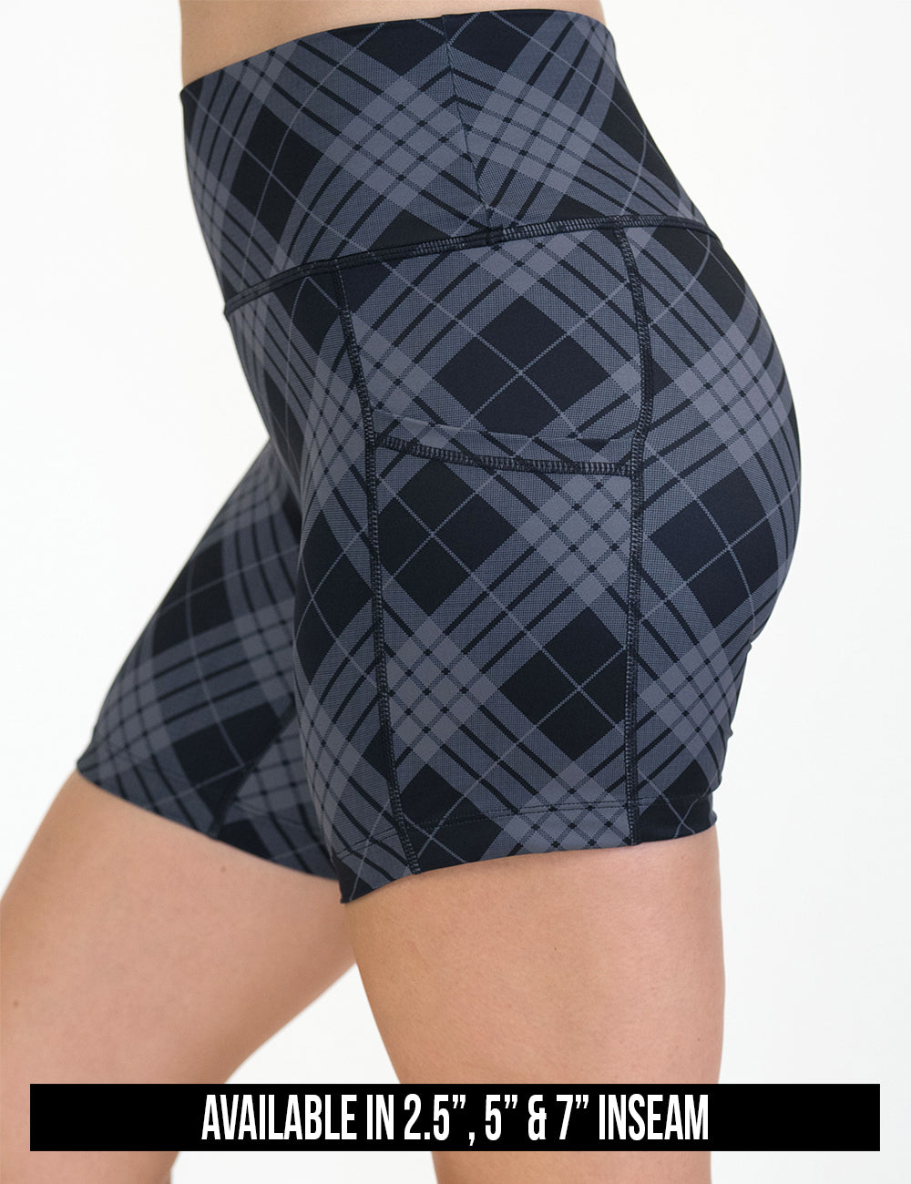 available inseam lengths for the monochrome colored plaid shorts, lengths include 2.5, 5, and 7 inches