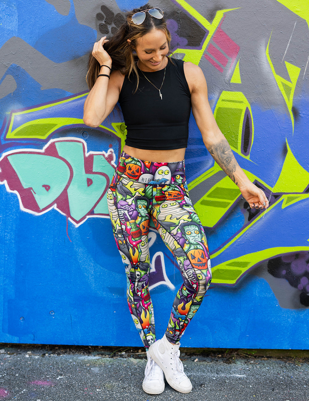 model wearing the Halloween characters full length leggings