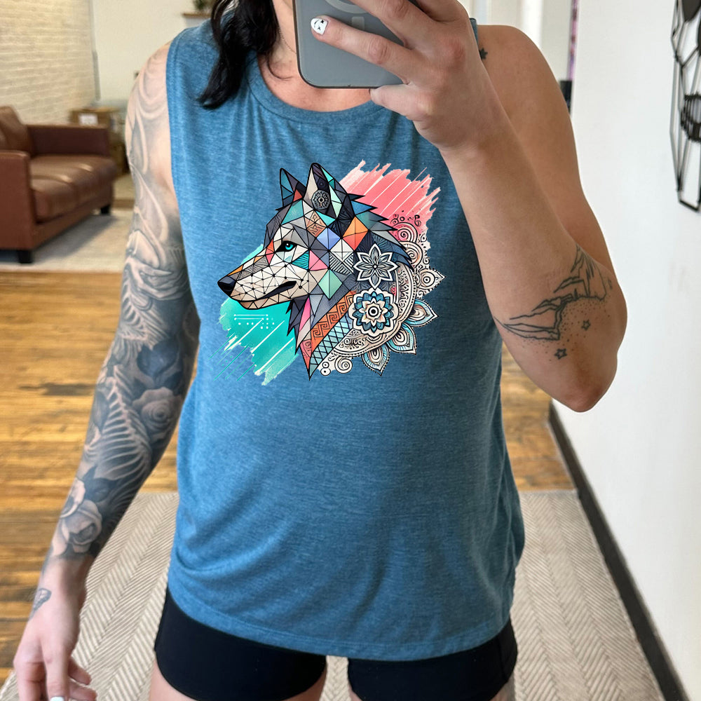 blue Mosaic Wolf Muscle Tank