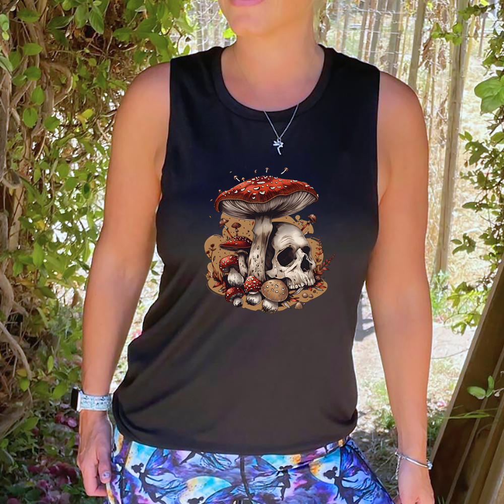 black muscle tank with a mushroom skull graphic in the middle