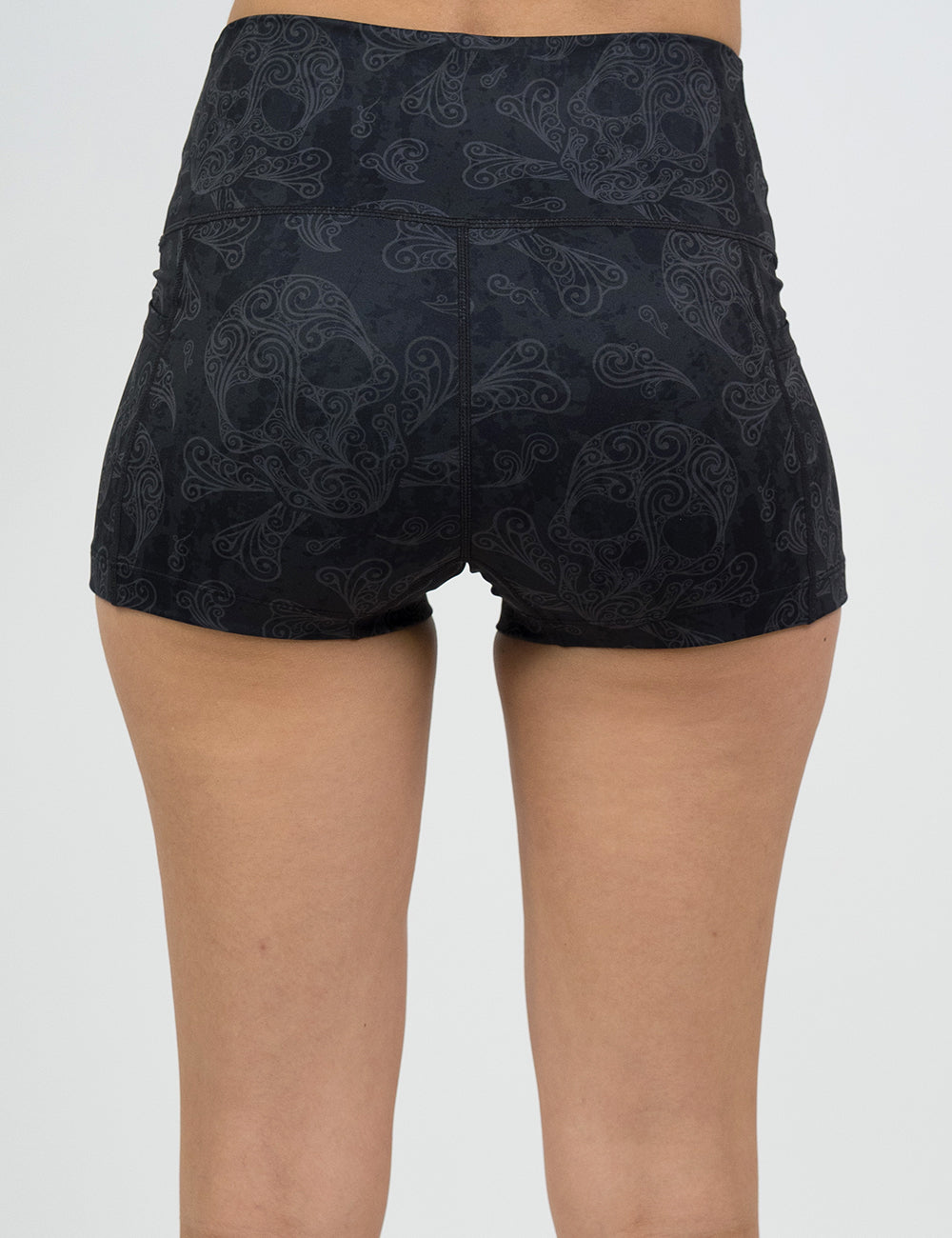 back of the 2.5 inch dark skull pattern shorts against a white background