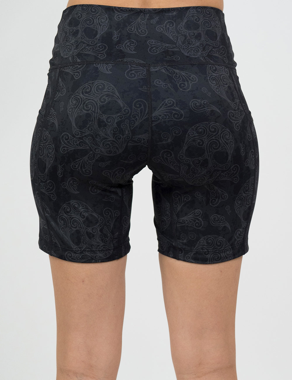 back of the 7 inch dark skull pattern shorts against a white background