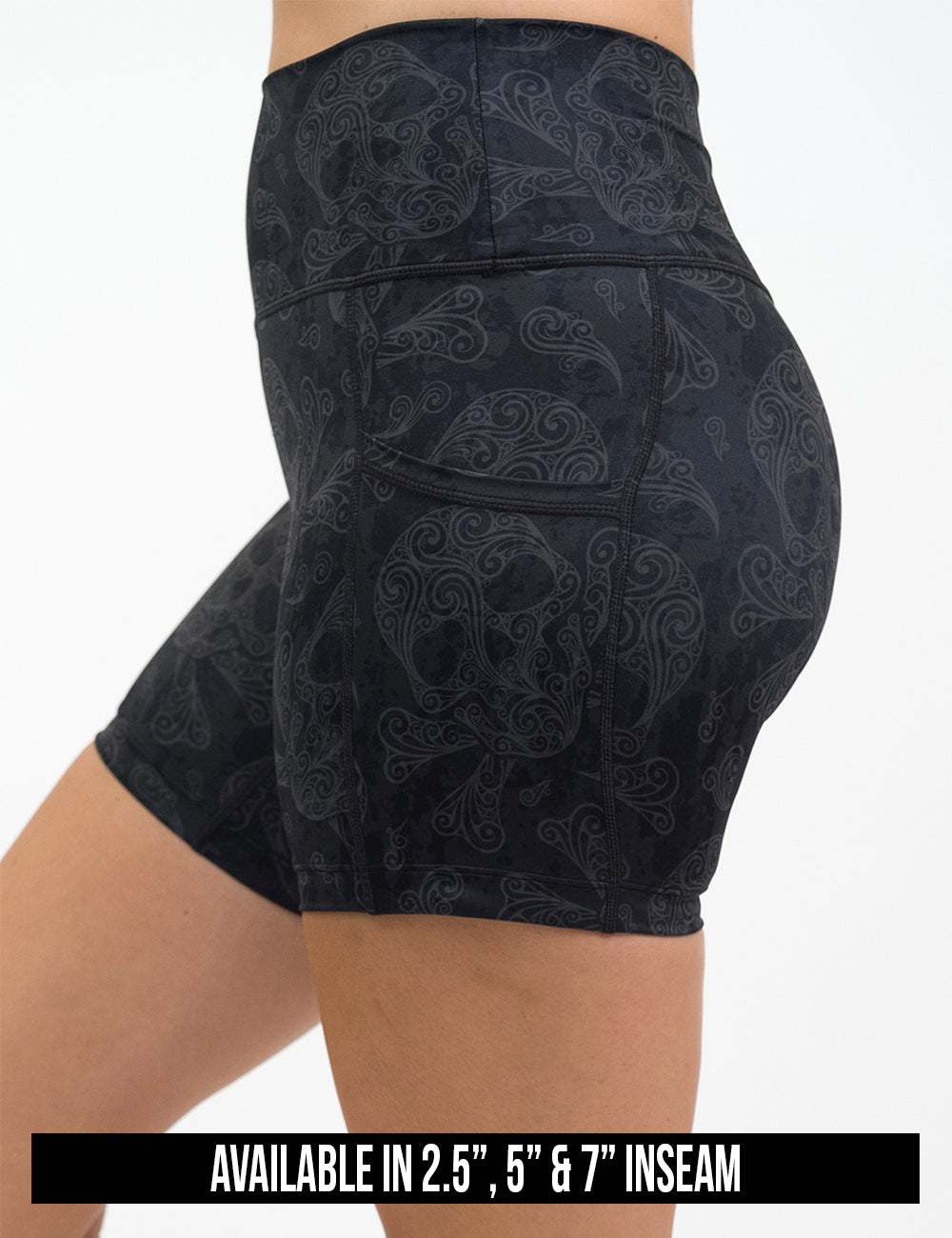 available lengths for the dark skull pattern shorts, inseam lengths include 2.5, 5, and 7 inches