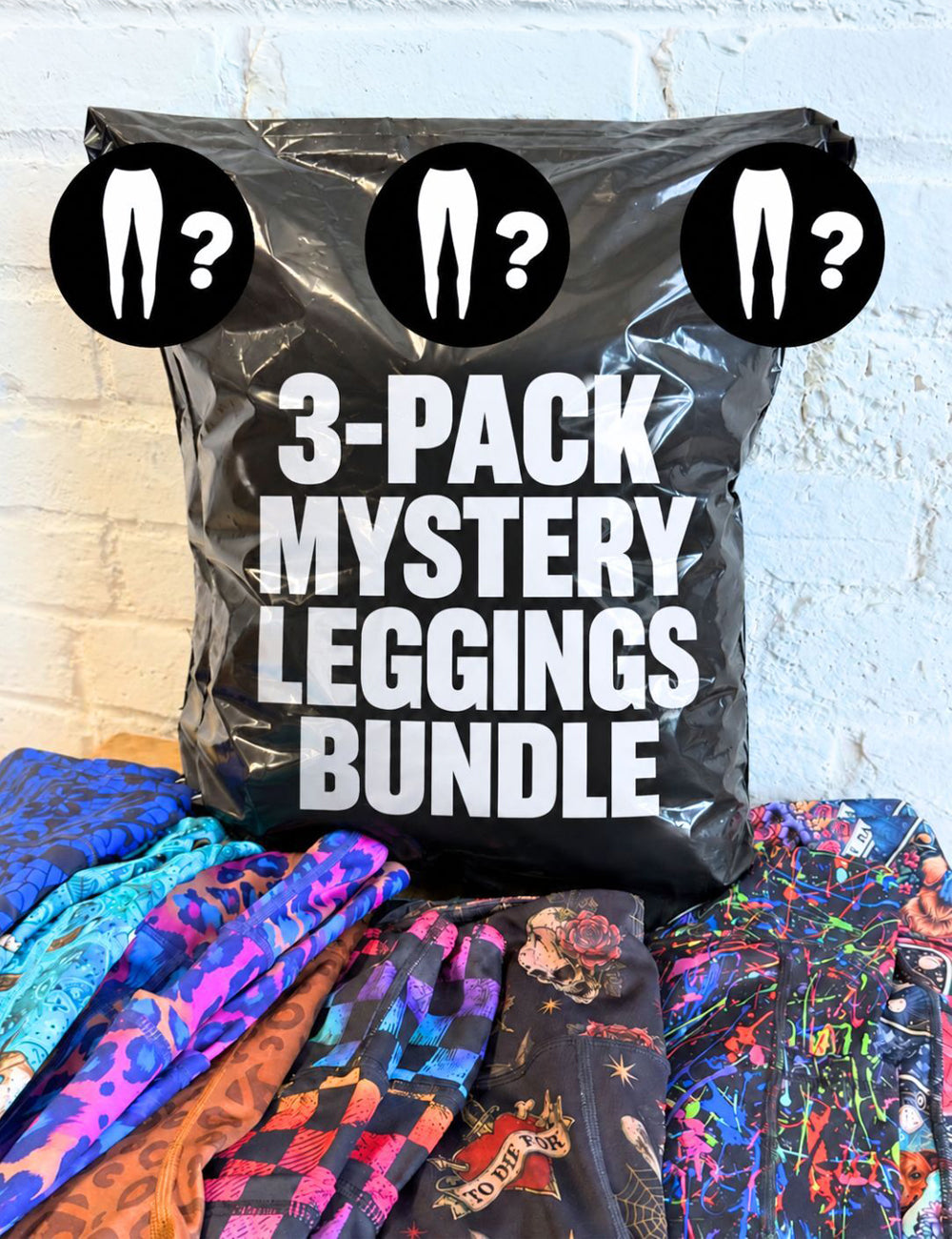 close up of the 3 pack mystery leggings bundle bag