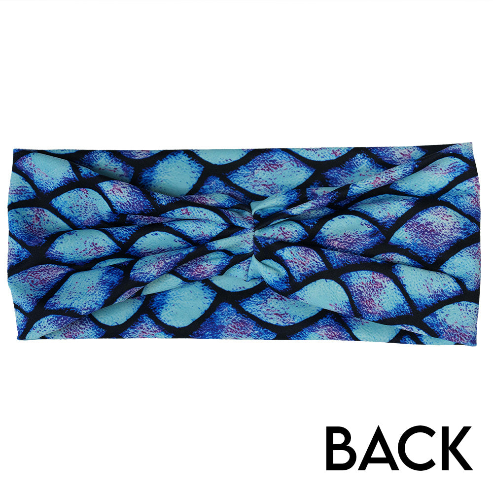 back of the blue fish scale print headband