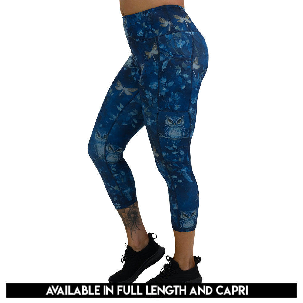 blue owl patterned leggings available in full and capri length