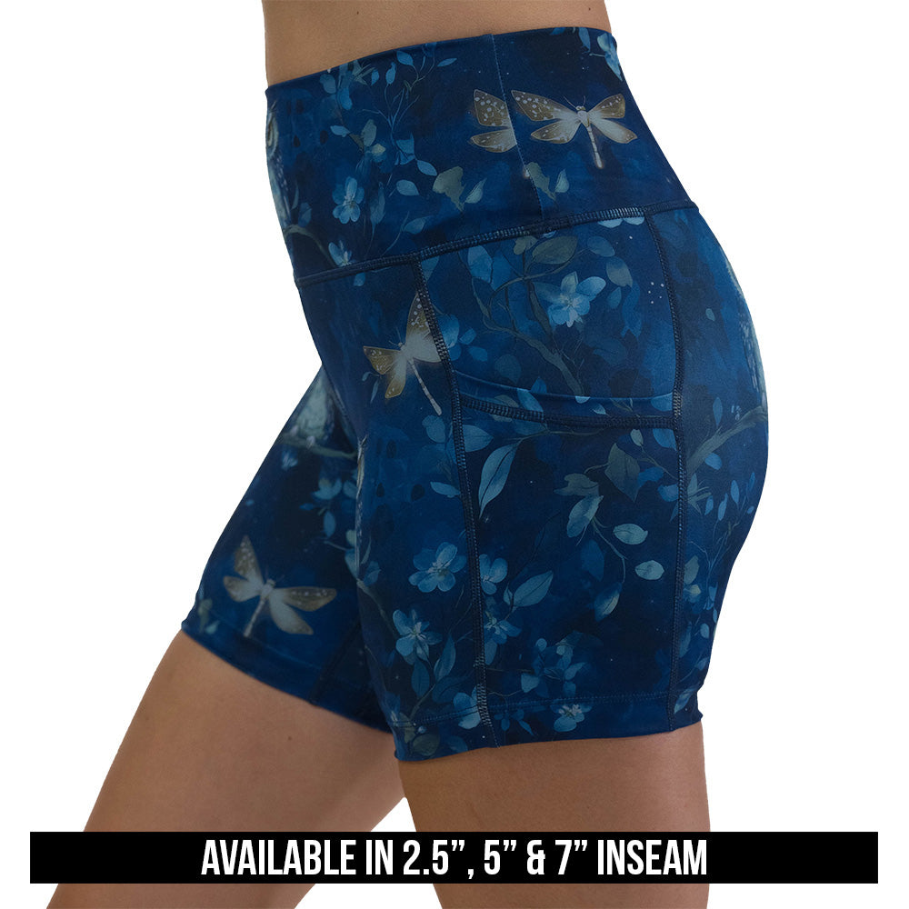 blue owl patterned shorts available in 2.5, 5 & 7 inch inseams