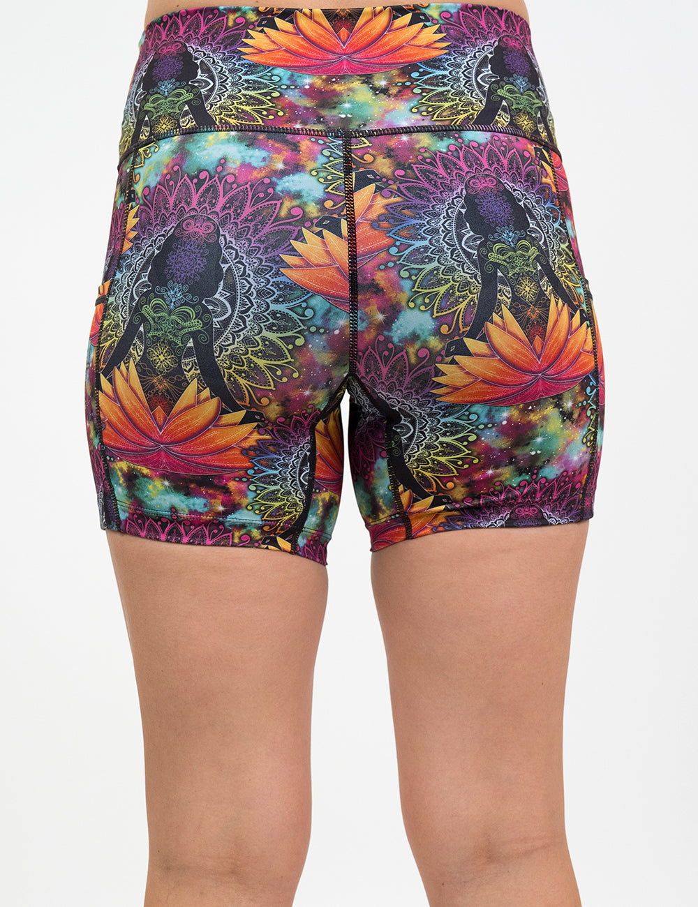 back of the 5 inch colorful yoga lotus flower shorts against white background
