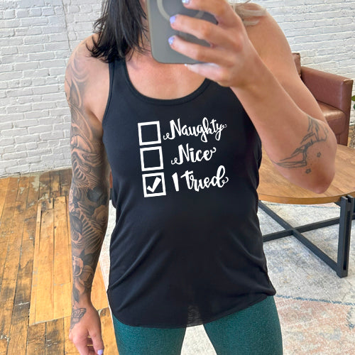 "Naughty, nice, I tried" black shirt