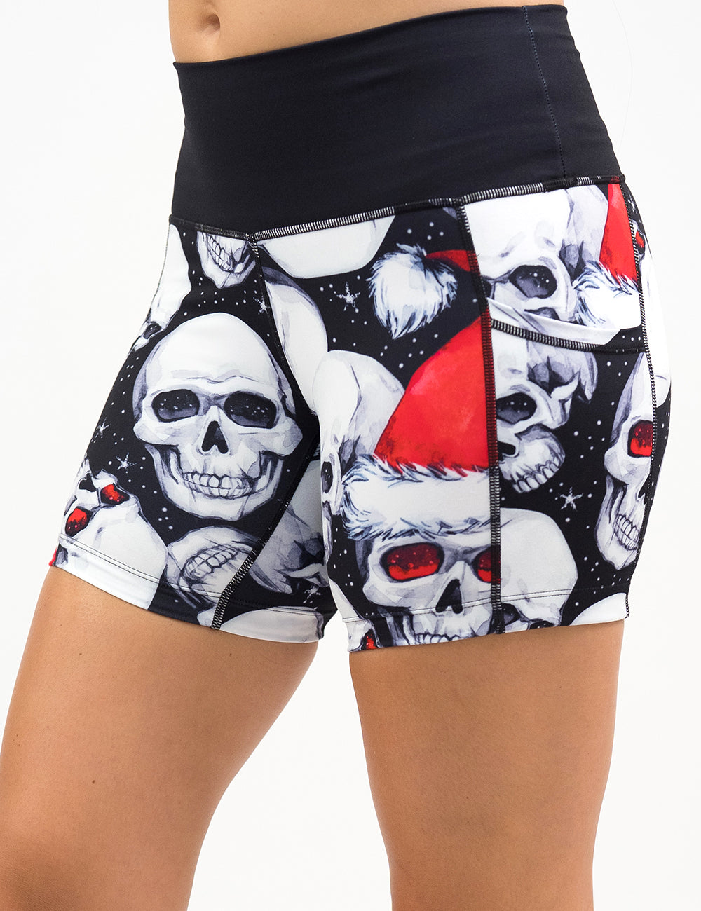 front of the 5 inch santa hat and skull pattern shorts against a white background
